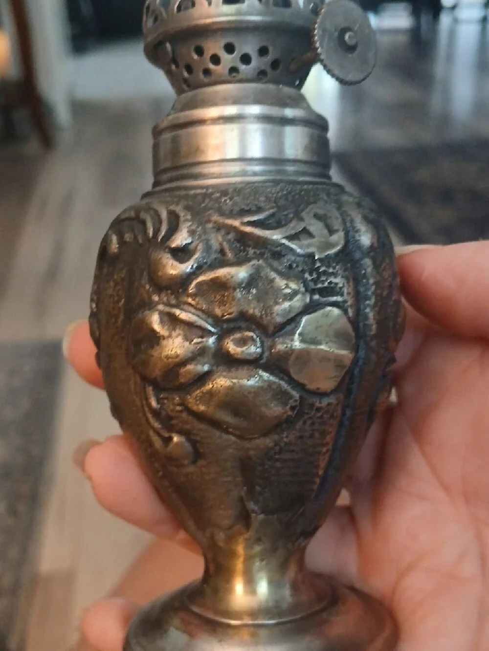 Restoration Hardware Antique-Style Silver Floral Table Oil Lamps - Pair